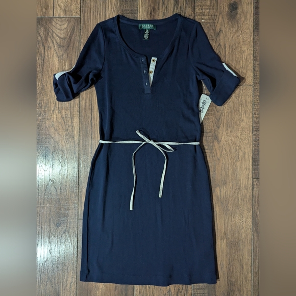 Lauren Ralph Lauren Petite Navy Blue & White Classic Preppy Mini Dress Sz XS NWT - Picture 1 of 14